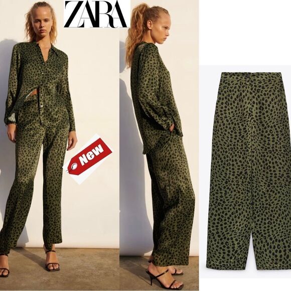 Zara khaki green black satin fluid leopard animal print pyjama pants Sz M NWT - Picture 1 of 13